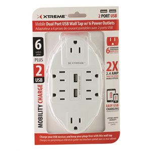XTREME 6 prises murales avec 2 ports USB - Blanc