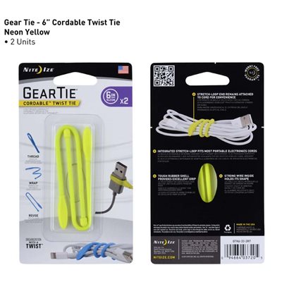 NITE IZE GTK6-33-2R7 GEAR TIE CORDABLE TWIST TIE 6 INCH - 2 PACK - NEON YELLOW NITE IZE GTK6-33-2R7 GEAR TIE CORDABLE TWIST TIE 6 INCH - 2 PACK - NEON YELLOW