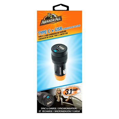 ARMORALL - Type C et USB chargeur de voiture 3.1A - Noir ARMORALL - Type C et USB chargeur de voiture 3.1A - Noir