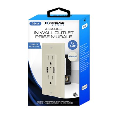 XTREME 4.2 AMP 2 Outlet 2 USB Wall Receptacle - Almond XTREME 4.2 AMP 2 Outlet 2 USB Wall Receptacle - Almond