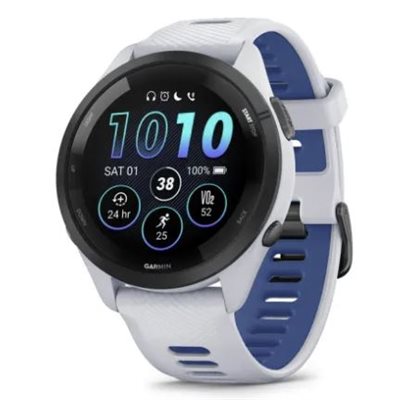 Garmin Forerunner 265, Black Bezel with Whitestone Case and Whitestone/Tidal Blue Silicone Band