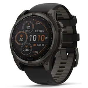 Garmin fenix 8 – 47 mm,Solar Sapphire, Carbon Gray DLC Titanium with Black/Pebble Gray Silicone Band