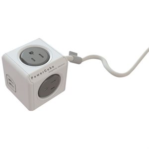 Extension POWERCUBE EXTENTED USB - 4 prises électriques et 2 ports USB (total de 3.1 amp) avec protection contre les surtentions - Gris - Câble de 1.5m/5pi - Normalisé CETL